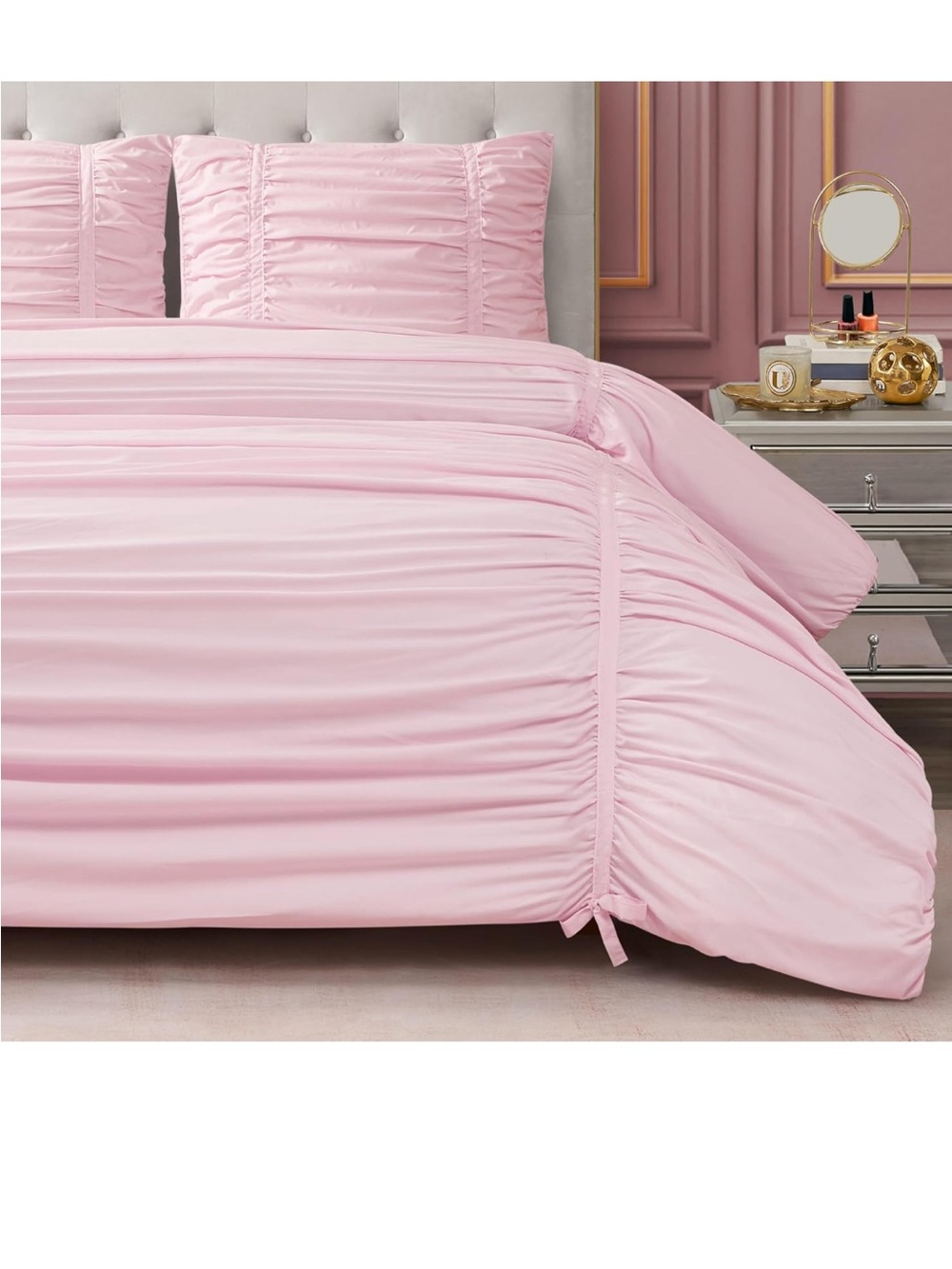 Juicy Couture Ribbon Ruched 3 Piece Full/ Queen Comforter Set, Pink Marshmellow